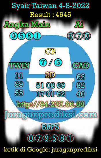 Prediksi Taiwan 4 Agustus 2022 dan juga Syair taiwan hari ini Kamis 4 8 2022 adalah angka keluar togel taiwan malam hari ini.