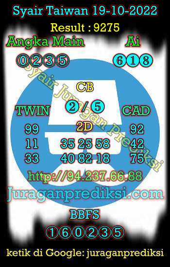Prediksi Taiwan 19 Oktober 2022. Hari ini prediksi Taiwan, Angka keluar taiwan, Toto Jitu Taiwan dan Syair jitu Taiwan malam ini Rabu 19 Oktober 2022 kami berikan secara akurat.